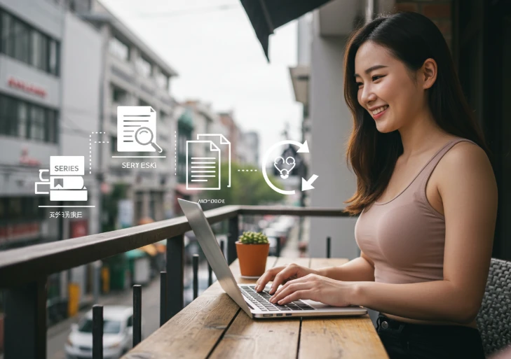 노트북 앞에 앉아 블로그 전략을 구상하는 한국 여성 모델의 모습 노트북 앞에 앉아 블로그 전략을 구상하는 한국 여성 모델의 모습