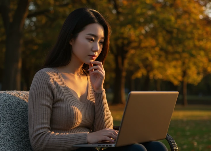 한 한국 여성이 노트북을 보며 깊은 생각에 잠겨 있는 모습 한 한국 여성이 노트북을 보며 깊은 생각에 잠겨 있는 모습