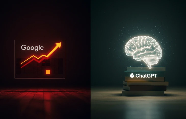 구글과 ChatGPT의 목적 차이를 대조적으로 보여주는 이미지