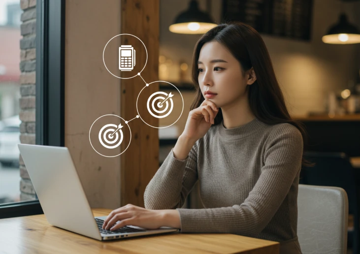 한 한국 여성이 네이버 플레이스 대응 전략을 고민하는 모습