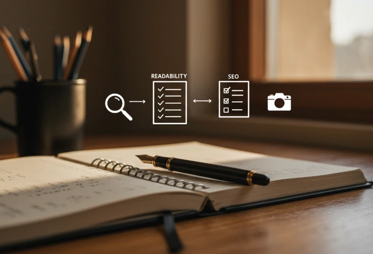 펜, 노트, 돋보기, 카메라, 리스트 아이콘