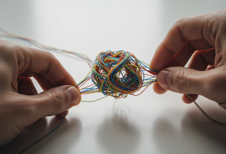 복잡하게 얽힌 실타래를 푸는 손 복잡하게 얽힌 실타래를 푸는 손