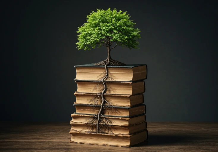 쌓여있는 책더미와 그 위에서 자라는 나무