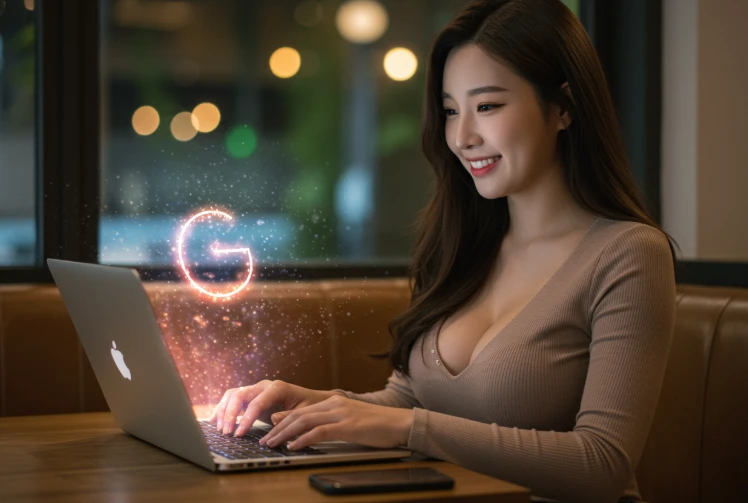 노트북을 사용하며 미소 짓는 한국 여성과 화면에서 나오는 빛