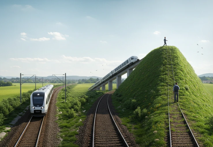 속도가 다른 세 기차가 다른 높이의 언덕을 오르는 모습