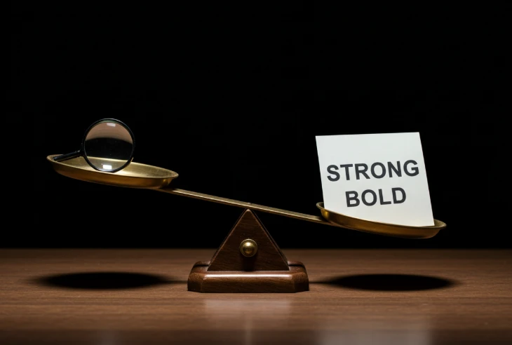 돋보기와 굵은 글씨가 놓인 저울