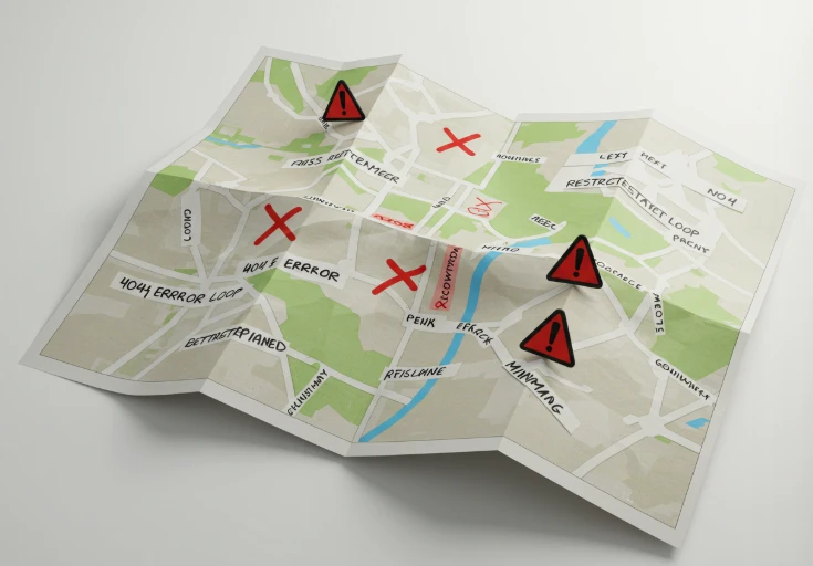 엉망으로 그려진 지도와 경고 표지판