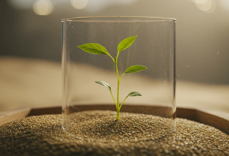 모래로 둘러싸인 울타리 안의 작은 식물