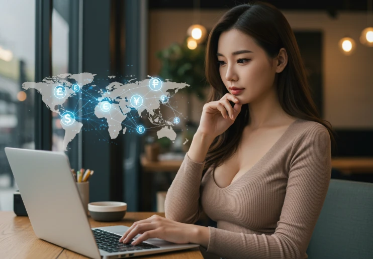 전 세계를 연결하는 네트워크를 보는 한국 여성