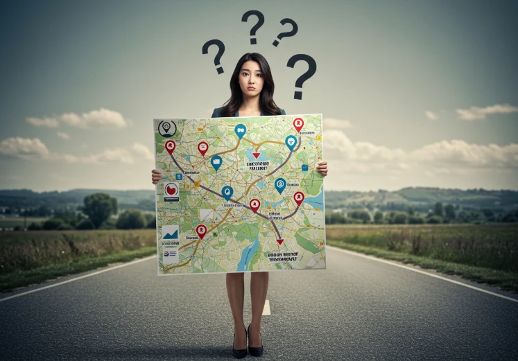 복잡한 길에서 난감한 표정의 한국 여성 복잡한 길에서 난감한 표정의 한국 여성