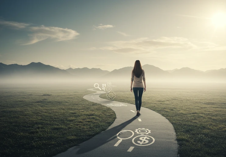 이정표가 있는 길을 걷는 한국 여성