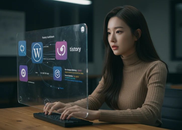 다양한 플랫폼 아이콘을 보는 한국 여성