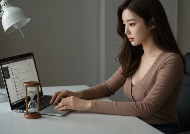 노트북과 모래시계를 보며 포스팅을 준비하는 한국인 여성