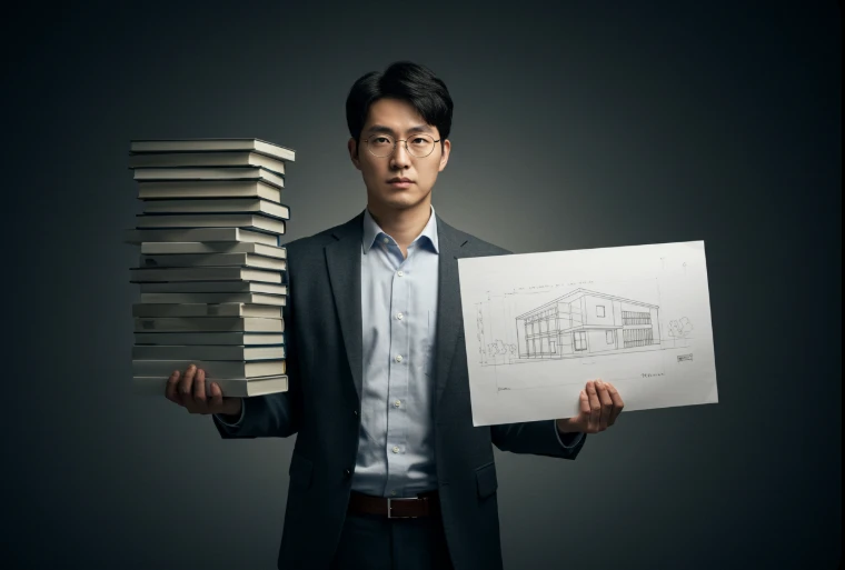 한 손에는 책을, 다른 손에는 설계도를 들고 있는 한국인 남성