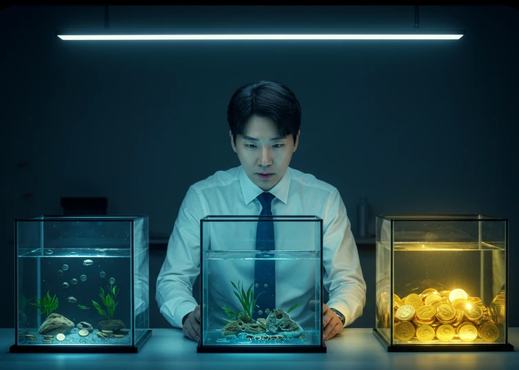 유입량과 수익 단가에 따라 다른 세 개의 수조를 바라보는 한국인 남성 유입량과 수익 단가에 따라 다른 세 개의 수조를 바라보는 한국인 남성