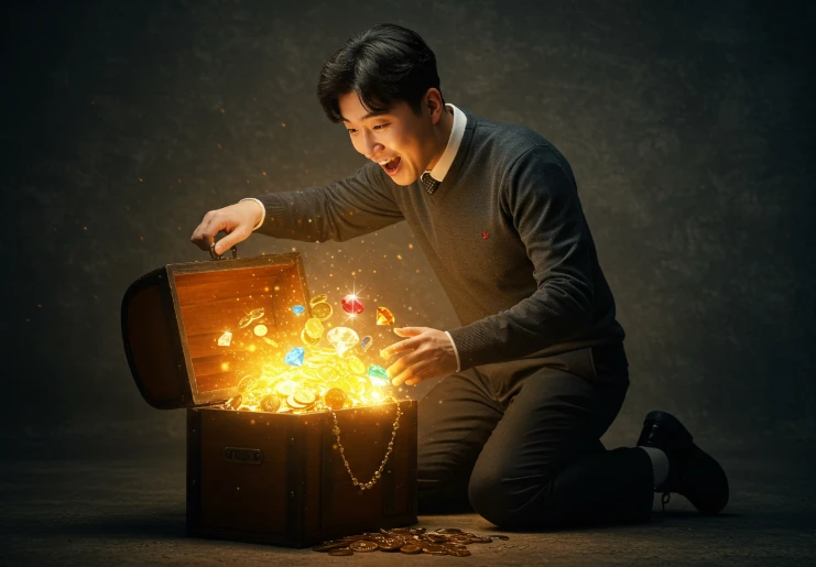 보물 상자에서 금화가 쏟아져 나오는 것을 바라보는 한국인 남성 보물 상자에서 금화가 쏟아져 나오는 것을 바라보는 한국인 남성