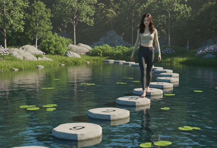 10개의 징검다리를 자신감 있게 건너는 한국인 여성