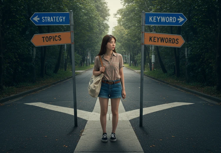 두 갈래 길에서 키워드 발굴 방법을 고민하는 한국인 여성