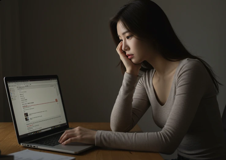 텅 빈 블로그 화면을 보며 좌절하는 한국인 여성