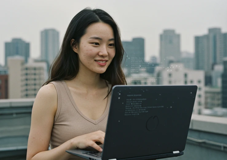 구글 서치 콘솔에 색인되었다고 표시되지만 검색 결과에 노출되지 않는 '구글 유령현상'을 겪고 있는 20대 한국 여성. 노트북 화면에 투명한 텍스트가 떠 있는 모습을 통해 유령현상을 상징적으로 보여주고 있다.