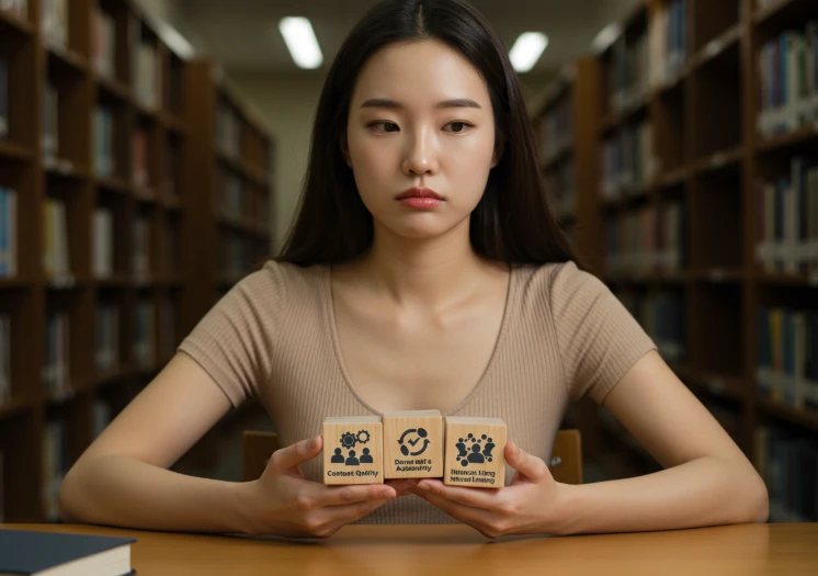 콘텐츠 품질, 도메인 신뢰도, 내부 링크의 중요성을 상징하는 세 가지 블록을 들고 고민하고 있는 한국 여성. 구글의 복잡한 판단 기준을 시각적으로 표현하고 있다.