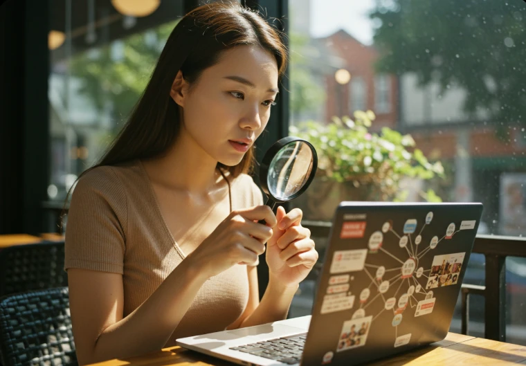 구글 유령현상 해결 방법을 찾기 위해 돋보기로 노트북을 자세히 들여다보고 있는 한국 여성. 콘텐츠 품질 개선과 내부 링크 강화를 위한 노력을 상징적으로 보여주고 있다.