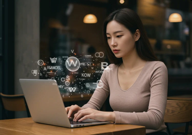 노트북으로 글을 쓰는 20대 한국 여성. 공중에 떠다니는 단어들이 유기적으로 연결되는 모습을 통해 키워드를 자연스럽게 배치하는 블로그 작성 과정을 상징적으로 보여주고 있다. 노트북으로 글을 쓰는 20대 한국 여성. 공중에 떠다니는 단어들이 유기적으로 연결되는 모습을 통해 키워드를 자연스럽게 배치하는 블로그 작성 과정을 상징적으로 보여주고 있다.