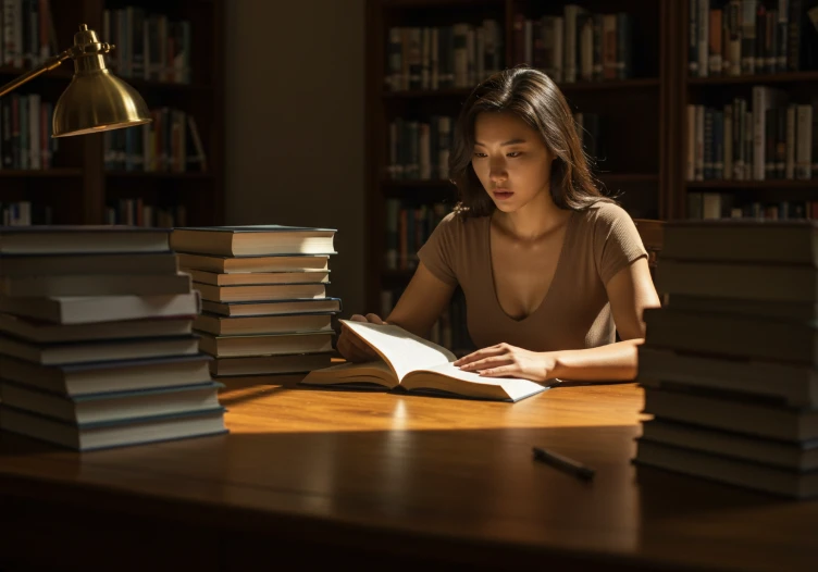 여러 권의 책을 쌓아 놓고 깊이 있는 정보를 탐구하는 20대 한국 여성. 전문적이고 완성도 높은 콘텐츠를 만들기 위한 노력을 상징적으로 보여준다. 여러 권의 책을 쌓아 놓고 깊이 있는 정보를 탐구하는 20대 한국 여성. 전문적이고 완성도 높은 콘텐츠를 만들기 위한 노력을 상징적으로 보여준다.