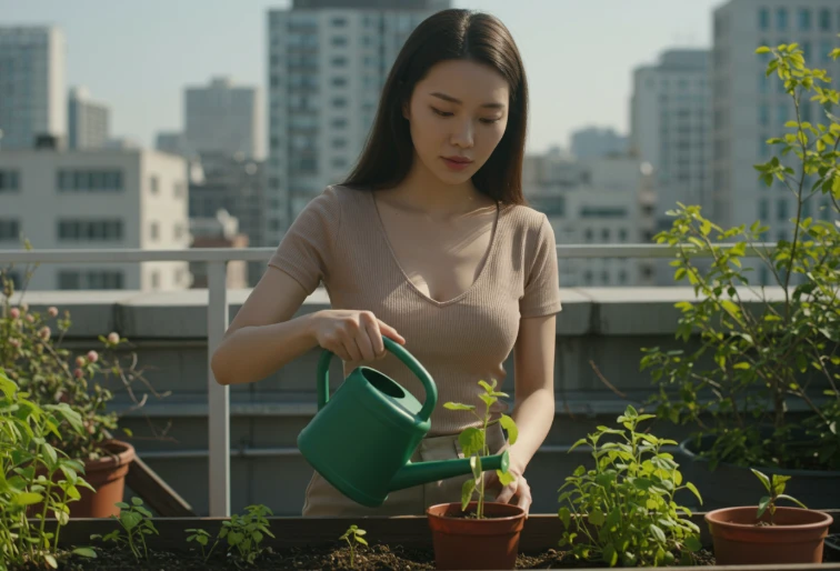 도시 옥상 정원에서 화분을 정성스럽게 돌보는 20대 한국 여성. 씨앗이 꾸준히 성장하는 모습은 웹사이트의 일관된 링크 증가를 상징하며, 이는 구글의 신뢰를 얻는 중요한 신호임을 보여준다.