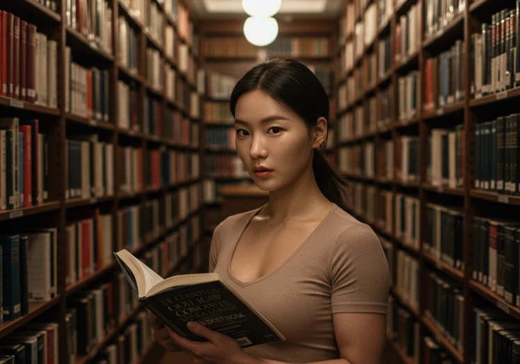 거대한 도서관 서가 앞에서 한 주제에 대한 책들만 집중적으로 읽고 있는 20대 한국 여성. 이는 웹사이트가 하나의 주제에 깊이 파고들어 전문성을 강화해야 한다는 '주제 집중' 전략을 상징한다.