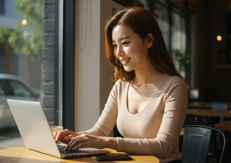 따뜻한 카페에서 노트북으로 콘텐츠를 즐겁게 소비하며 재방문하는 20대 한국 여성. 만족스러운 표정은 콘텐츠의 가치를 나타내며, 이는 SEO 랭킹에 긍정적인 신호로 작용하는 사용자 행동을 상징한다.
