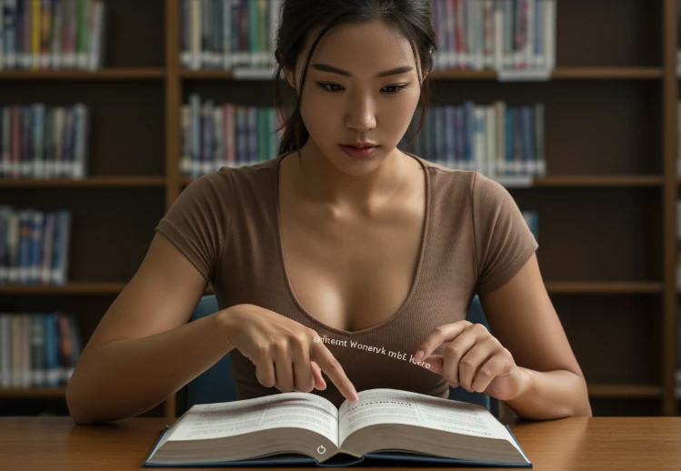 도서관에서 책의 특정 단어가 아닌, 링크 주변의 문단 전체를 손가락으로 가리키는 20대 한국 여성. 이는 앵커 텍스트보다 링크 주변의 문맥이 더 중요함을 상징한다.