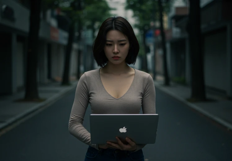 텅 빈 길에서 노트북을 들고 있는 한국인 여성