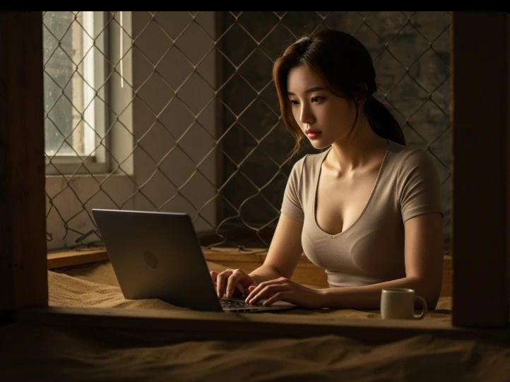 철창 안에서 노트북을 바라보는 한국인 여성