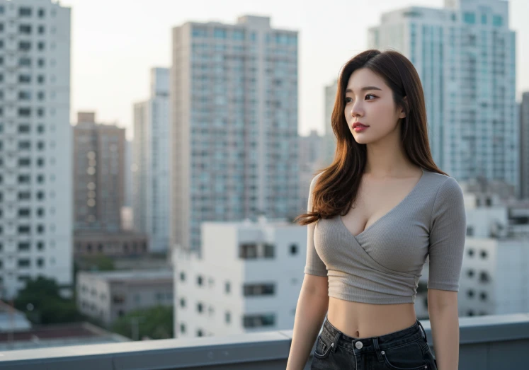 도시 옥상에서 고층 빌딩을 배경으로 서있는 한국인 여성