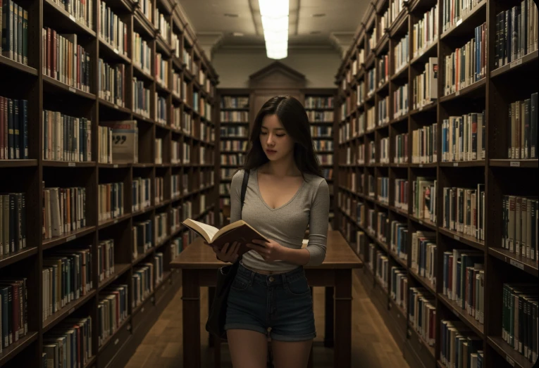 도서관 서가 사이를 걷는 한국인 여성