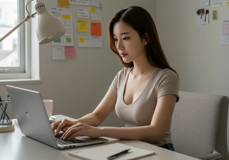 잘 정돈된 사무실에서 글을 쓰고 있는 한국인 여성