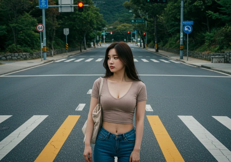 텅 빈 교차로에서 갈림길을 고민하는 한국인 여성