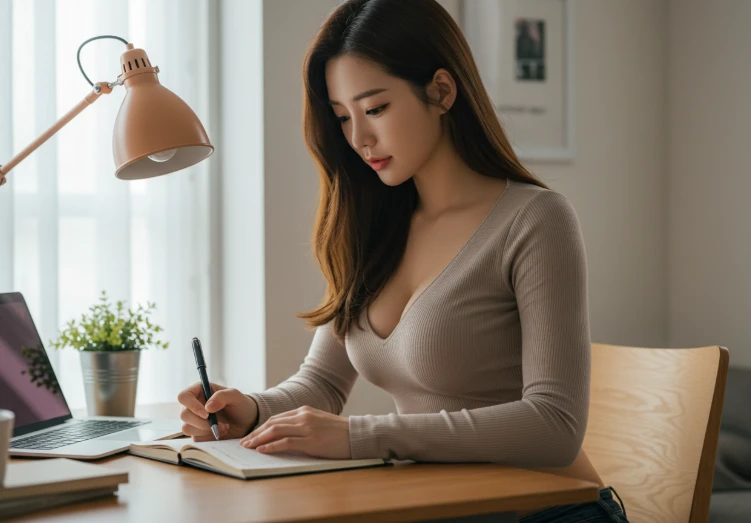 펜으로 노트를 꼼꼼히 작성하는 한국인 여성