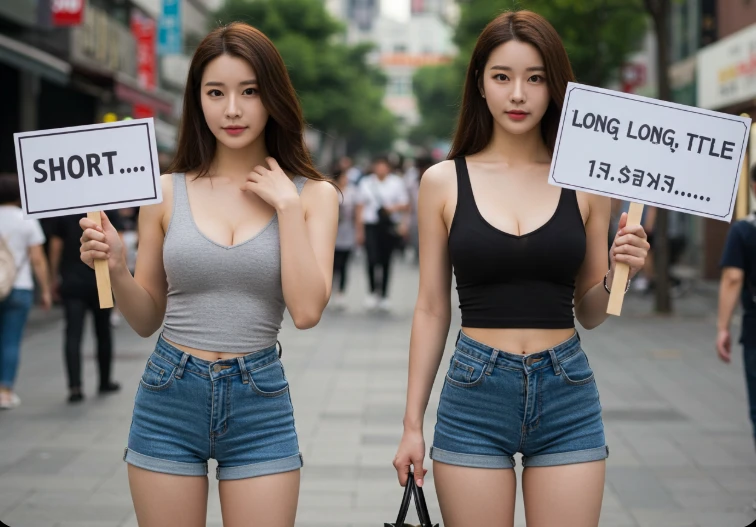 한 명은 짧은 표지판, 다른 한 명은 긴 표지판을 들고 있는 한국인 여성