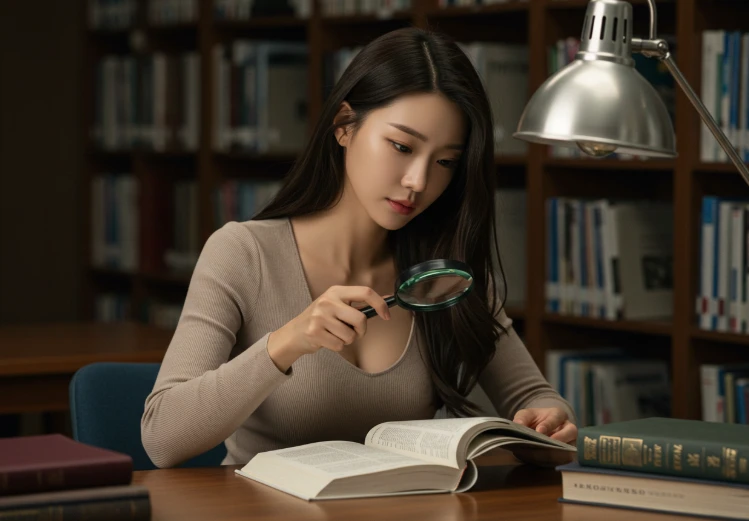 돋보기를 들고 책의 목차를 살피는 한국인 여성