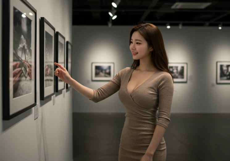 갤러리에서 사진 작품을 감상하는 한국인 여성