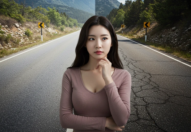 깨끗한 길과 더러운 길 사이에서 고민하는 한국인 여성