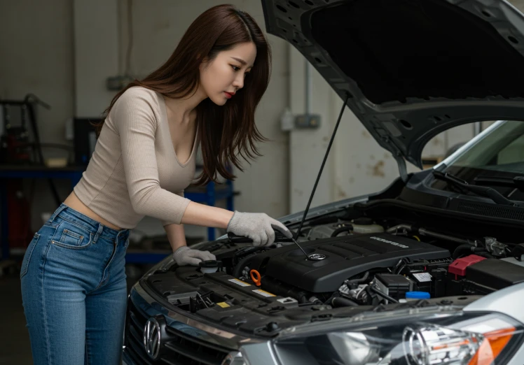 자동차 보닛을 열고 꼼꼼하게 살피는 한국인 여성