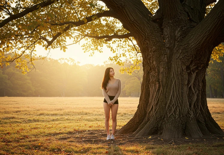 오래된 고목나무를 바라보는 한국인 여성