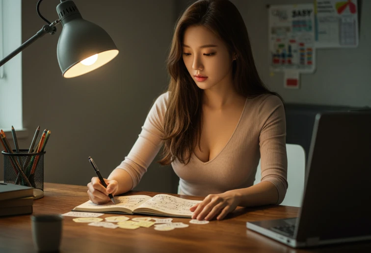 마인드맵을 그리며 아이디어를 정리하는 한국인 여성