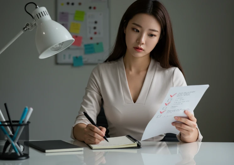 세 가지 체크리스트를 확인하는 한국인 여성