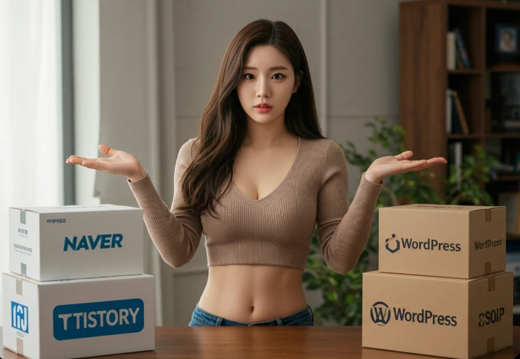 여러개의 다른 상자를 비교하는 한국인 여성