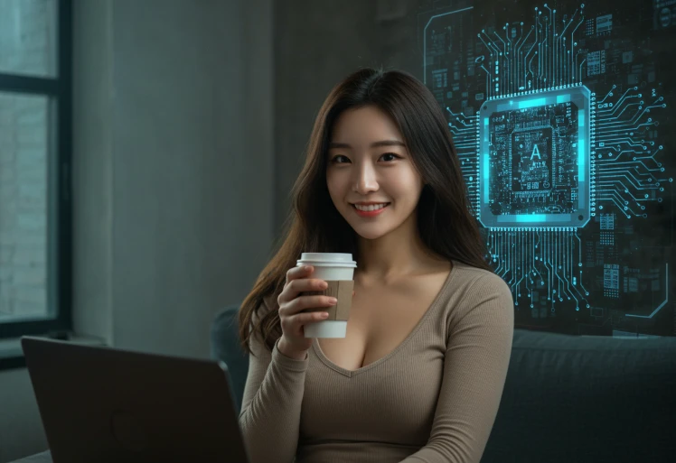 AI 회로 앞에서 커피를 마시는 한국인 여성