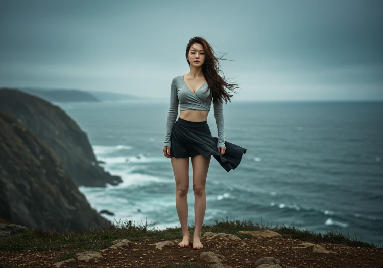 강풍 속에서도 굳건히 서 있는 한국인 여성